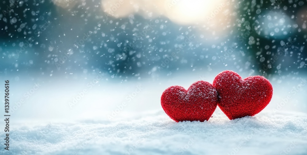 Poster two red hearts resting on snow during a gentle snowfall