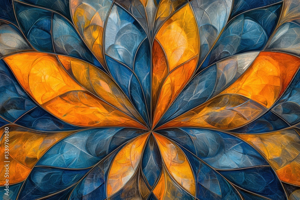 Poster a captivating mosaic design featuring a floral motif in shades of blue and orange, creating a visual