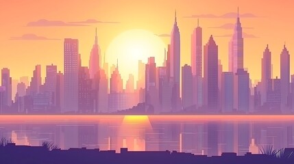 Fototapeta premium Sunrise over a city skyline reflected in water