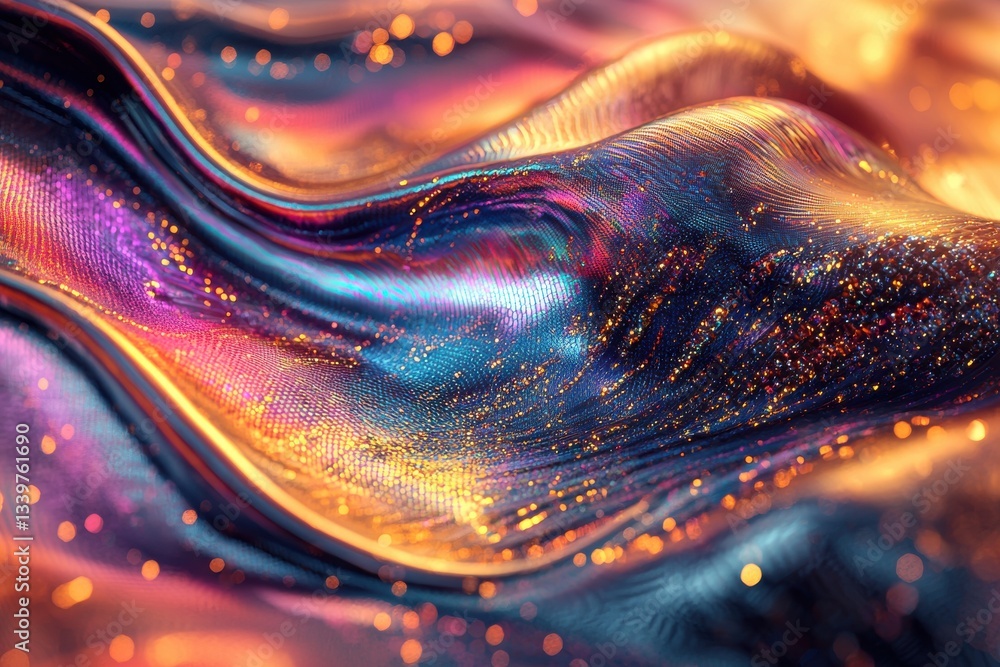Poster abstract iridescent flowing waves with glittering gold particles, creating a mesmerizing and elegant