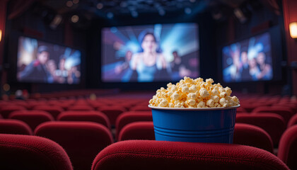 A blue cup filled with popcorn is placed on a red theater seat, while two large movie screens display colorful scenes. The theater has few patrons enjoying the films during an evening show