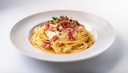 Classic plate of spaghetti carbonara with creamy sauce and crispy pancetta, served in a warm bowl, appetizing and cozy, perfect for Italian cuisine, food photography, and gourmet illustrations.