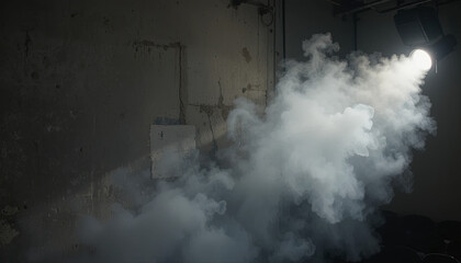 Soft beams of light break through a thick cloud of smoke in a dimly lit room of an old industrial building, creating an atmospheric and mysterious setting at night