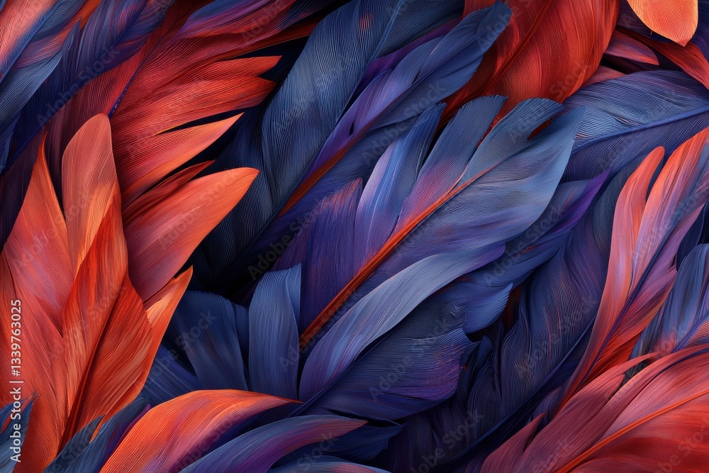 Poster a vibrant and abstract background featuring layered feathers in shades of red and blue, creating a r
