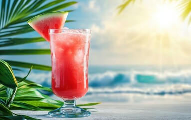 Obraz premium Watermelon margarita in a tall glass, with palm leaves and waves behind, bright noon sunlight