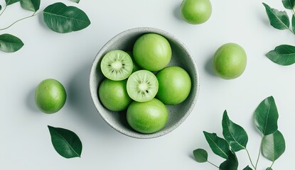 Fresh kiwi fruit in a bowl, surrounded by leaves
