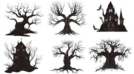 A Collection of Spooky Halloween Silhouettes: Haunted Houses and Trees