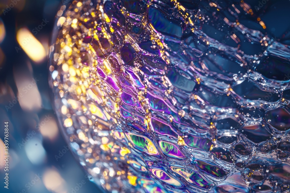 Poster iridescent bubbles create an abstract landscape with shimmering reflections and colorful light patte