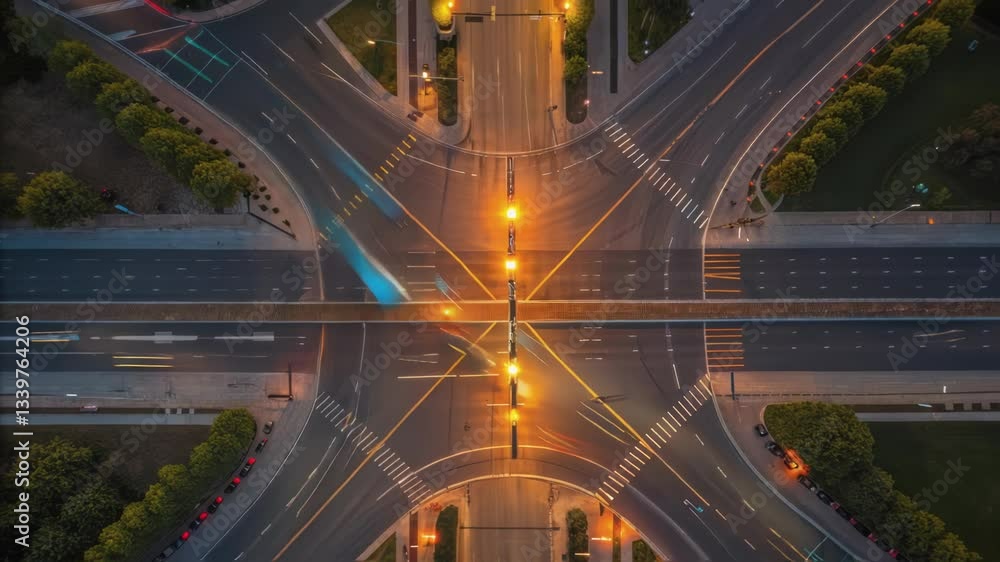 Poster Cars navigating brightly lit intersection at dusk, generating luminous light trails while moving across urban crossroads with dynamic flow of traffic and city movement