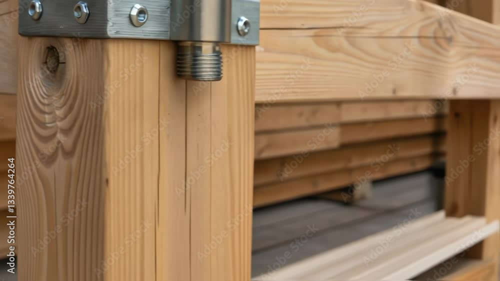 Poster sturdy metal joint precisely connecting wooden beams, highlighting engineering craftsmanship and rob