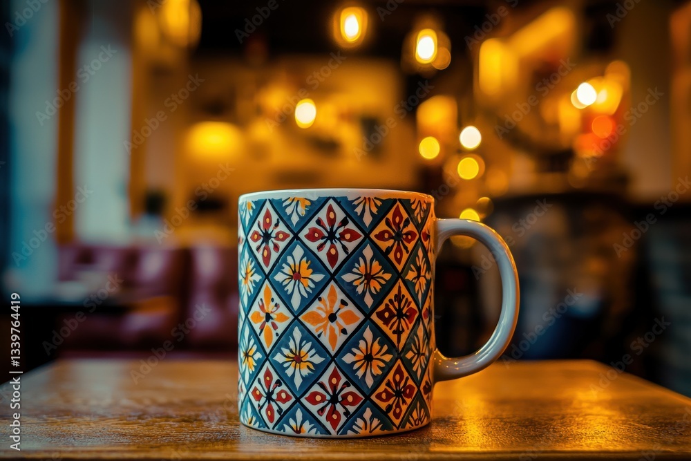 Poster a beautifully patterned mug sitting on a wooden table in a cozy cafe with warm lights, creating an i