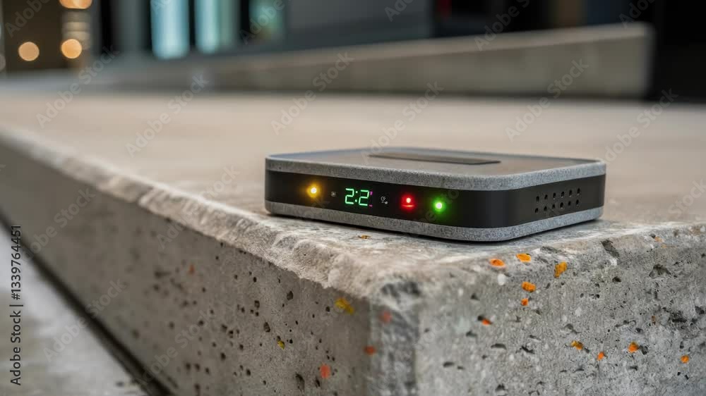 Poster Air quality monitor placed on concrete steps, displaying changing levels of pollution, possibly indicating increasing or decreasing air quality over time