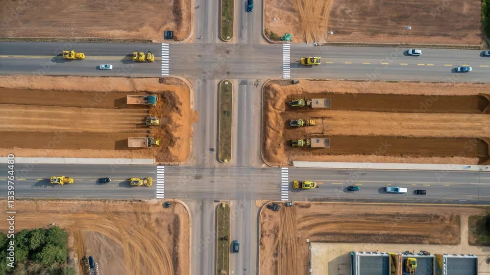 Poster heavy machinery and dump trucks working on highway intersection, moving earth and paving way for inf