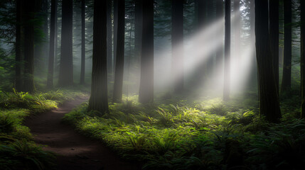 Fototapeta premium Mysterious Light Beam in a Dark Enchanted Forest 