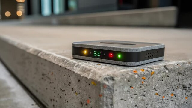 Air quality monitor placed on concrete steps, displaying changing levels of pollution, possibly indicating increasing or decreasing air quality over time