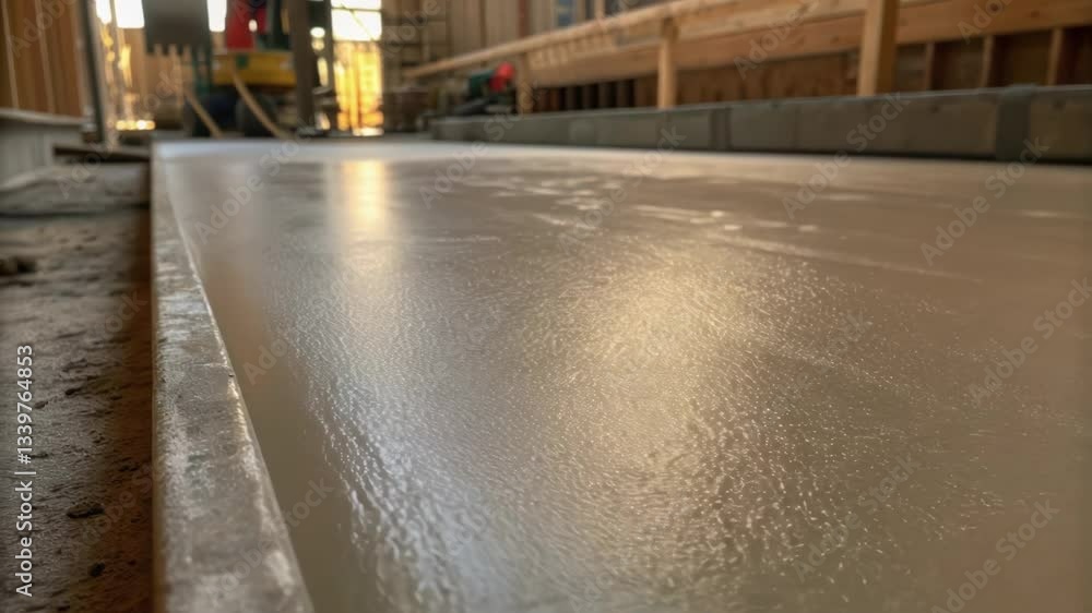 Aufkleber Smooth concrete surface drying gradually, showcasing the transformation from a wet, freshly poured state to a smoother, more solid finish within a building under construction