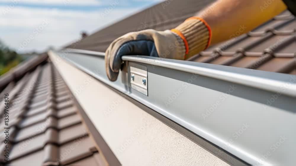 Poster Gloved hands meticulously verifying the alignment of a metal flashing on a rooftop, ensuring precise installation against a backdrop of brown tiles
