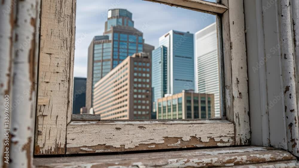 Aufkleber Urban skyline featuring modern skyscrapers is visible through an old, weathered window frame with peeling paint, creating a contrast between old and new architecture
