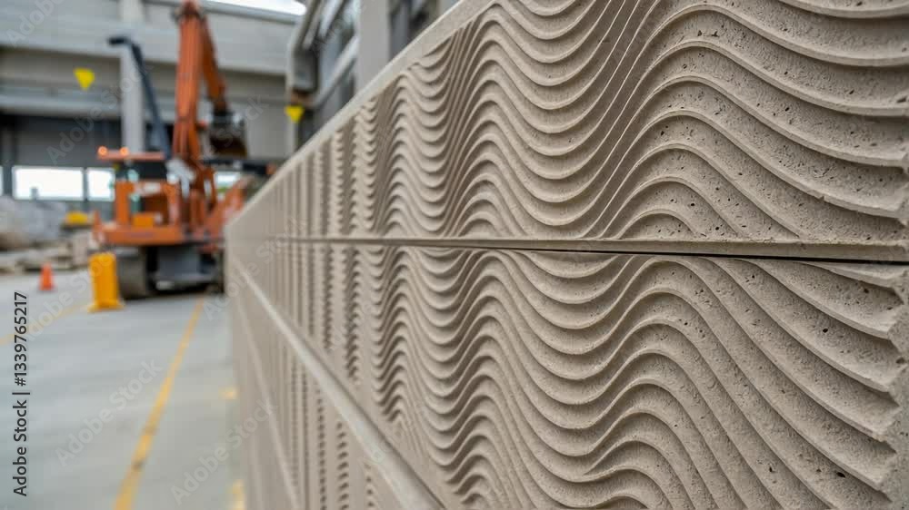 Poster precast concrete panels featuring dynamic wave pattern resting in industrial warehouse, highlighting