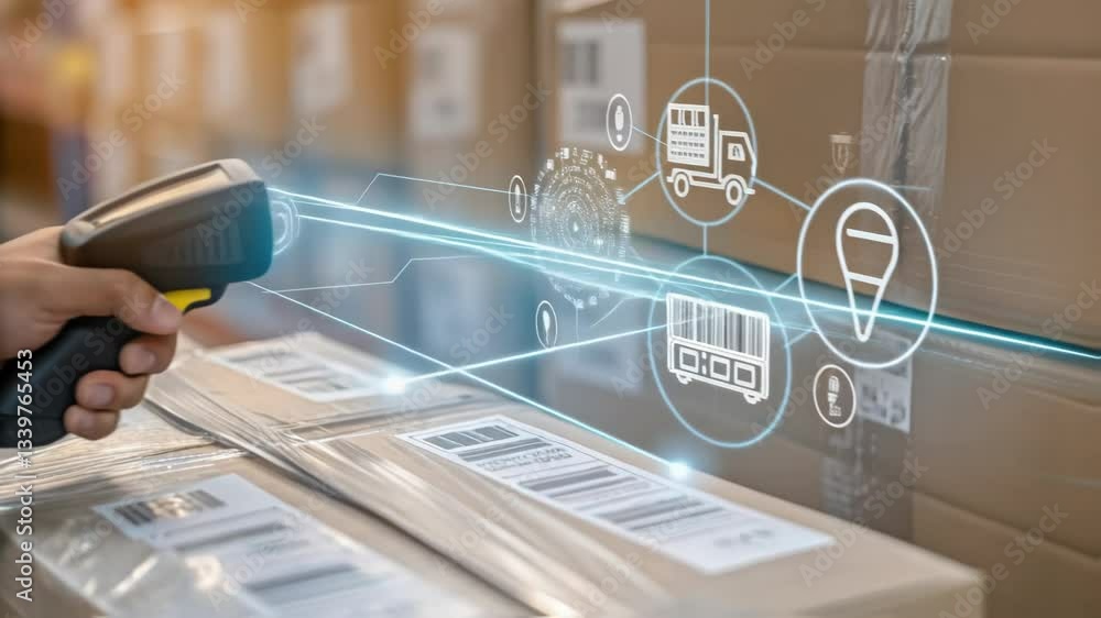 Aufkleber warehouse worker uses barcode scanner to scan barcodes on cardboard boxes, activating a digital inte