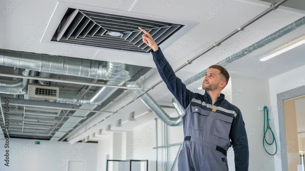 Poster maintenance professional carefully inspecting newly installed ventilation infrastructure, walking th