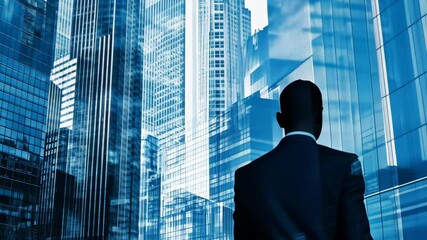 A silhouetted figure dressed in a formal suit stands overlooking a vast urban skyline, which emphasizes the crucial intersection of business and technology in todays modern world and society - Powered by Adobe