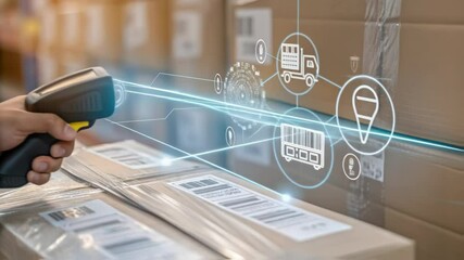 Warehouse worker uses barcode scanner to scan barcodes on cardboard boxes, activating a digital interface with icons related to shipping, logistics, tracking, and inventory management - Powered by Adobe
