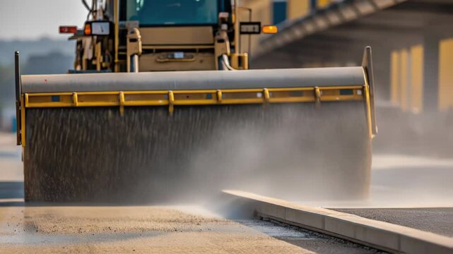 Industrial street sweeper vehicle cleaning road surface with water spray, effectively removing dirt and debris, ensuring hygiene and safety in urban environments
