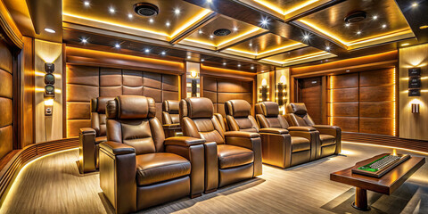 Fototapeta premium Luxurious home theater features leather recliners arranged for comfort, ambient lighting highlights wooden paneling, creating an inviting atmosphere for movie nights