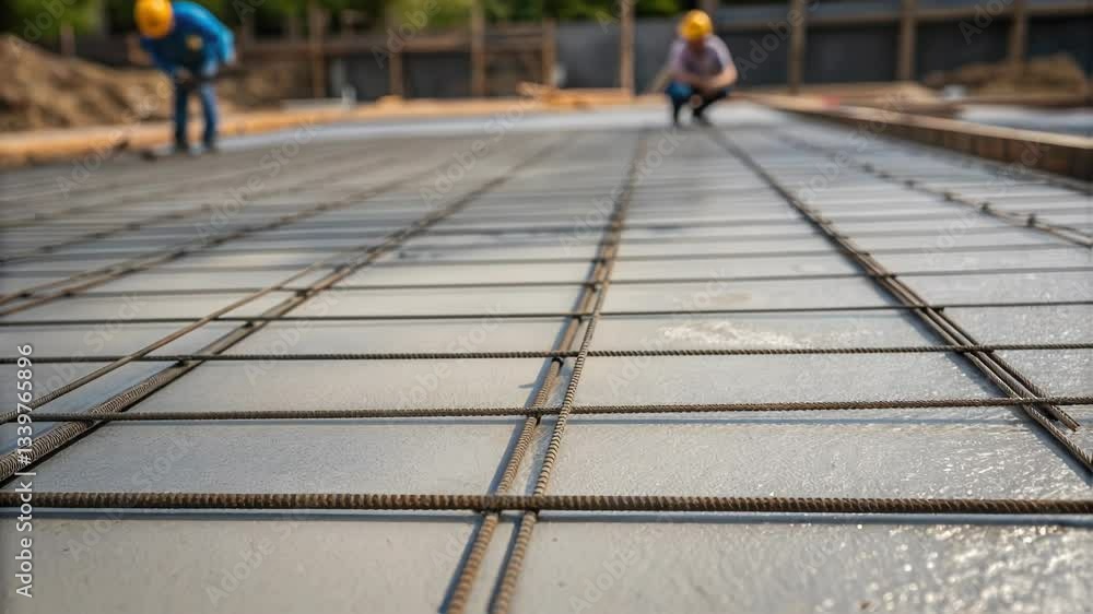 Poster Construction workers are pouring concrete over a grid of rebar to create a solid foundation for a new building, ensuring structural integrity and longevity