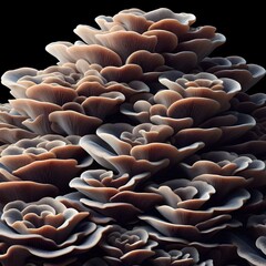 Obraz premium A hyper-realistic AI-generated close-up of a clustered shelf fungus, resembling layered leaves. The detailed textures are enhanced by soft lighting and a blurred background, a natural stock photo