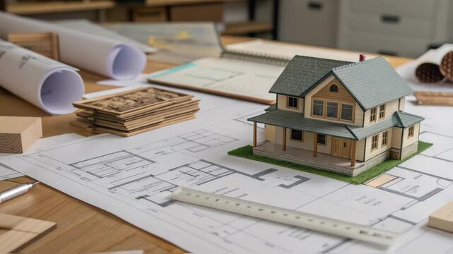 Architectural plans, rulers, wooden planks and rolls of blueprints are displayed on a wooden table with a miniature house model, providing a comprehensive view of the construction or design process
