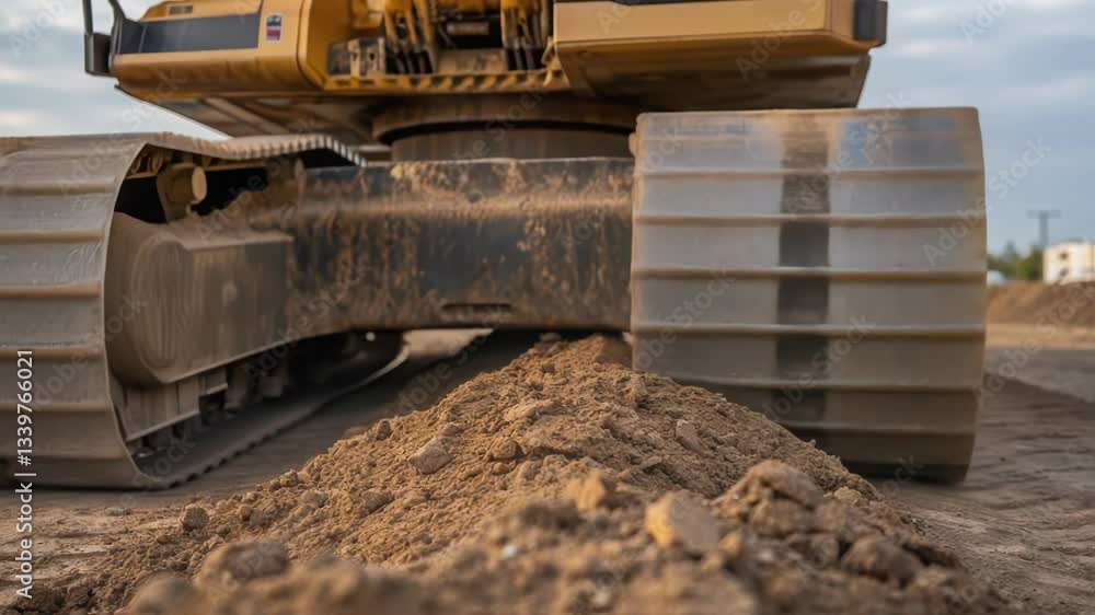 Poster close up view of excavator tracks pushing a pile of dirt on a construction site, demonstrating the m