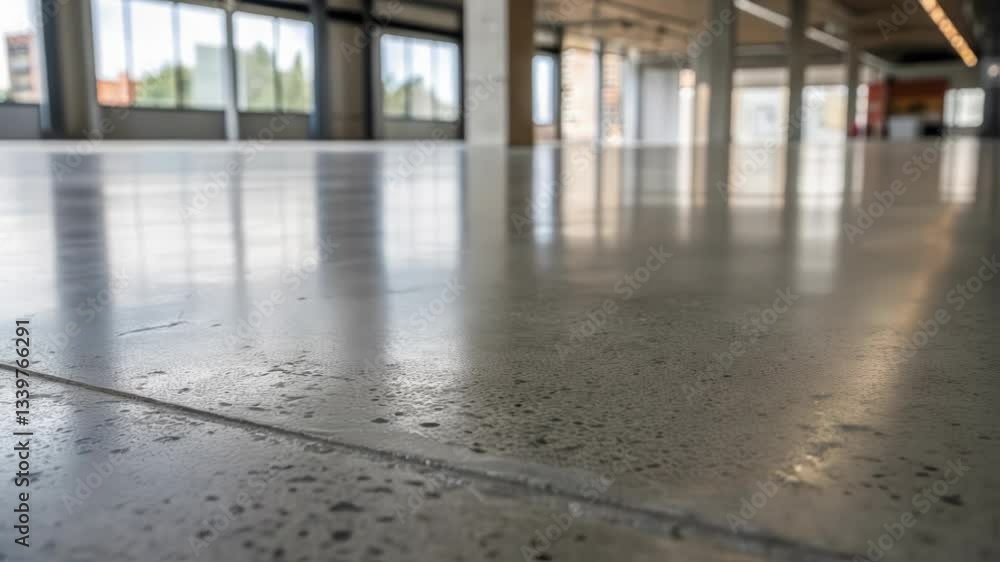 Poster polished concrete floor reflecting natural light, casting geometric patterns across expansive modern