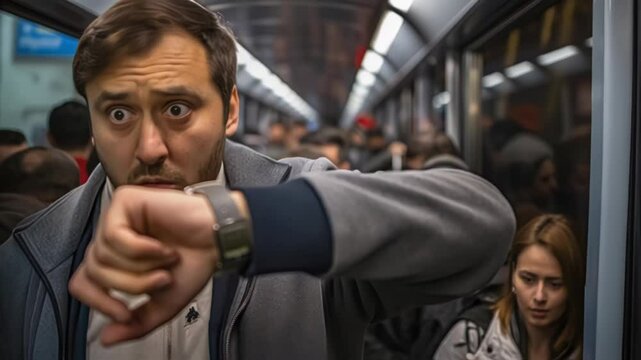 Anxious passenger repeatedly checks his watch while standing on a crowded subway train, his expression conveying frustration and impatience with the commute