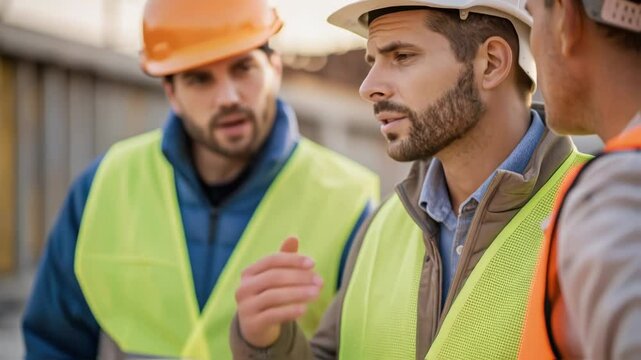 Construction site supervisor providing detailed guidance to team members, communicating through walkie talkie while wearing protective safety equipment during collaborative project management