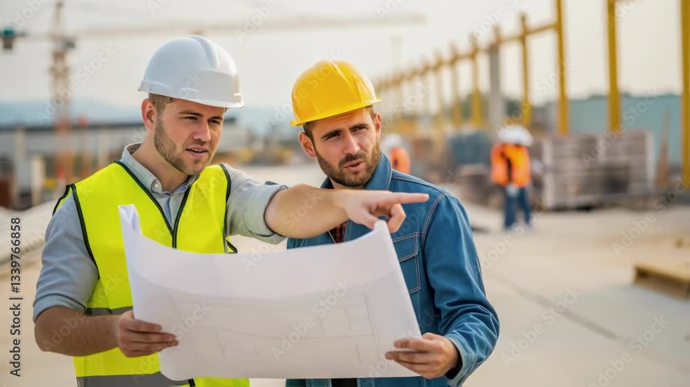 Aufkleber Two engineers wearing safety vests and hard hats are analyzing blueprints on a construction site, pointing at specific areas and engaging in a discussion about the project