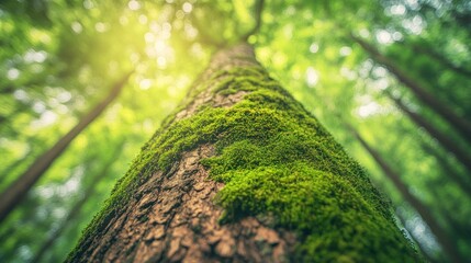 Lush forest tree trunk with moss, sunlight filtering through canopy.