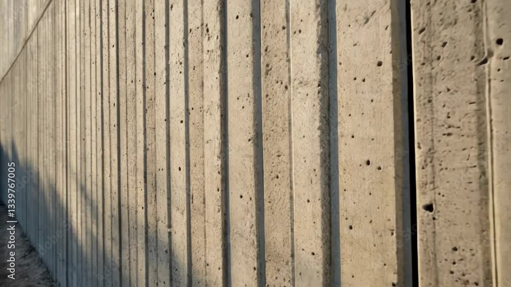 Aufkleber Sunlight illuminates a long concrete wall composed of vertical panels, creating a dynamic interplay of light and shadow that shifts throughout the video