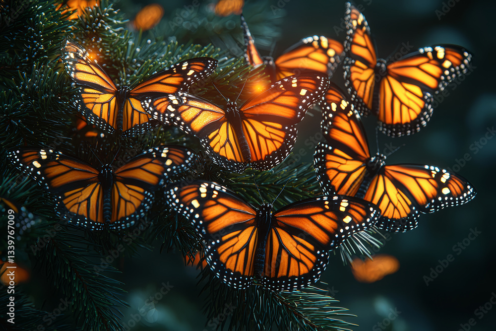 Poster a monarch butterfly cluster hanging from oyamel fir branches in a mexican forest. concept of migrati