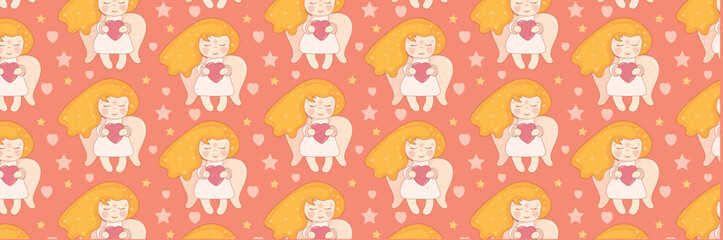 Pattern of cute little angel with wings. Dreamy angel with closed eyes and heart in hands. Vector background in childish style  for interior, pajamas, baby textile.