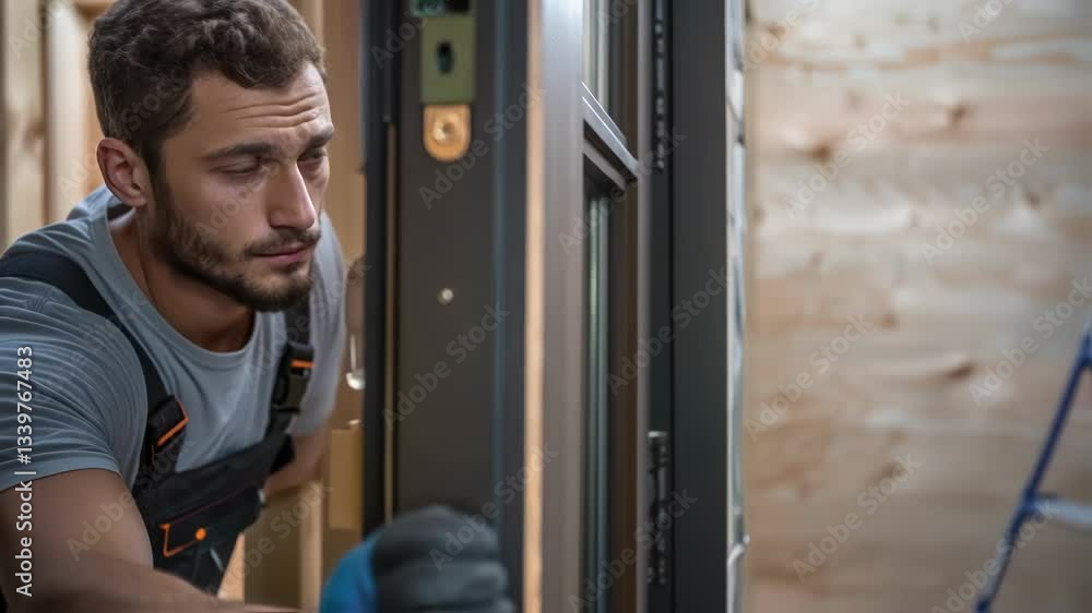 Aufkleber Professional carpenter installing a new door in a building under construction, ensuring precise alignment and secure fitting for enhanced safety and functionality