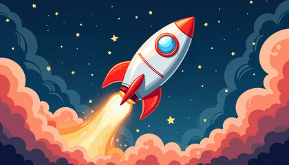 Obraz premium Colorful rocket launching into space with stars, adventure and exploration