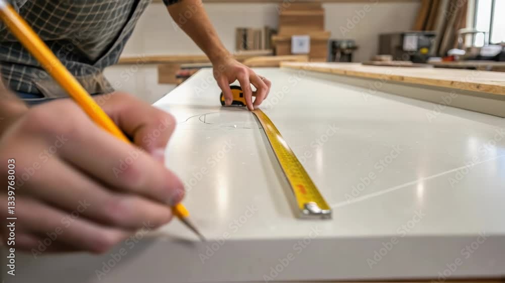 Aufkleber Close up of carpenter's hands meticulously measuring and marking lines on a smooth, white panel using a pencil and tape measure, demonstrating precision and craftsmanship in a workshop environment