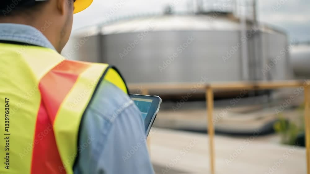 Poster professional engineer wearing safety vest and helmet uses tablet to monitor and control industrial s
