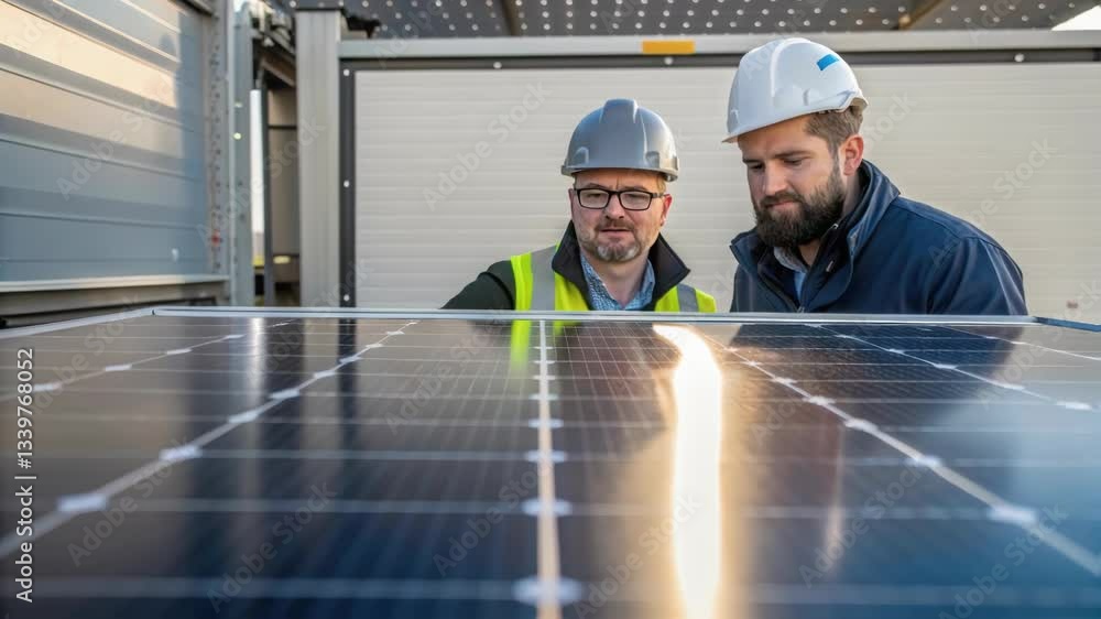 Fototapete two engineers in safety helmets and vests are meticulously examining a solar panel, likely assessing