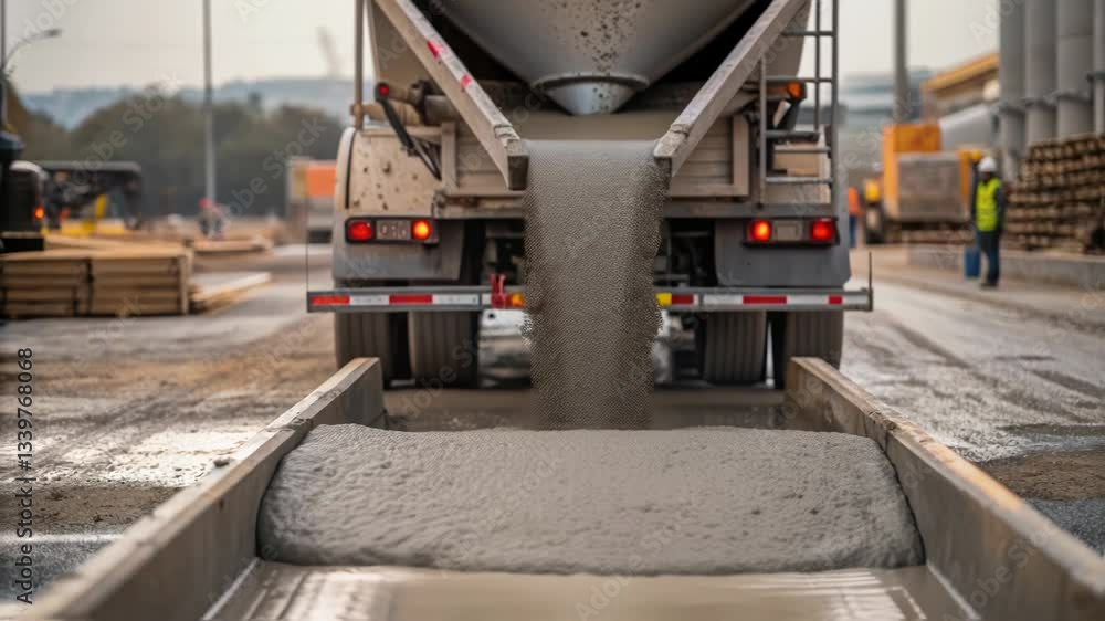 Poster Concrete mixer truck unloading wet construction material into formwork, construction workers engaged in infrastructure development project at building site