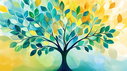 A vibrant, stylized tree design featuring colorful leaves in shades of green, yellow, and blue, symbolizing nature and growth. Rooted Energy. Illustration