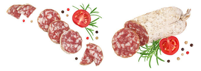 Cured salami sausage slices isolated on white background. Italian cuisine. Top view with copy space...
