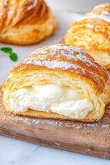 Close-up of a crisp and flaky cream puff highlighting smooth vanilla custard filling on a rustic wooden board